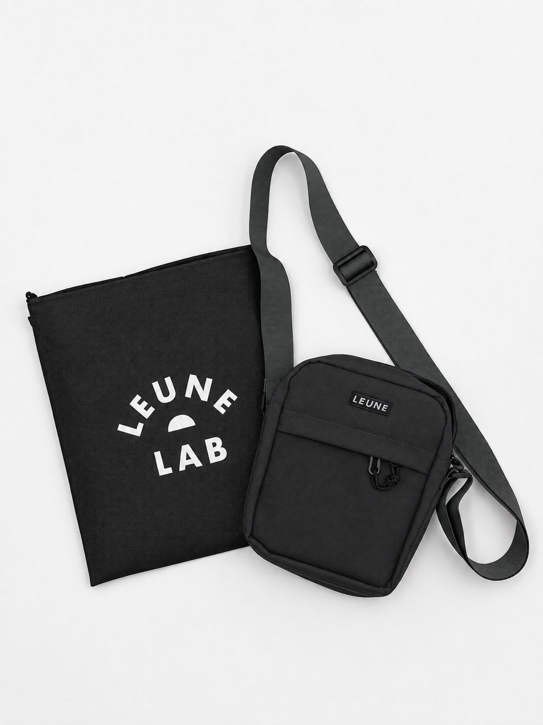 LEUNE Cross Body Bag in black nylon with LEUNE LAB pouch