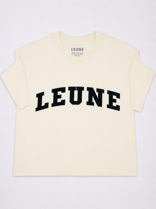LEUNE Varsity T in cream with arched LEUNE lettering